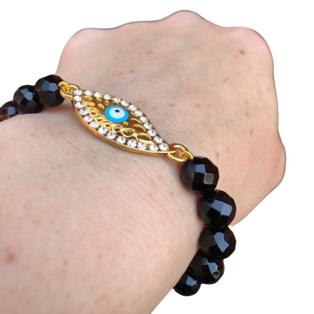 Evil Eye black agate beaded stretch bracelet - Picture 3 of 14